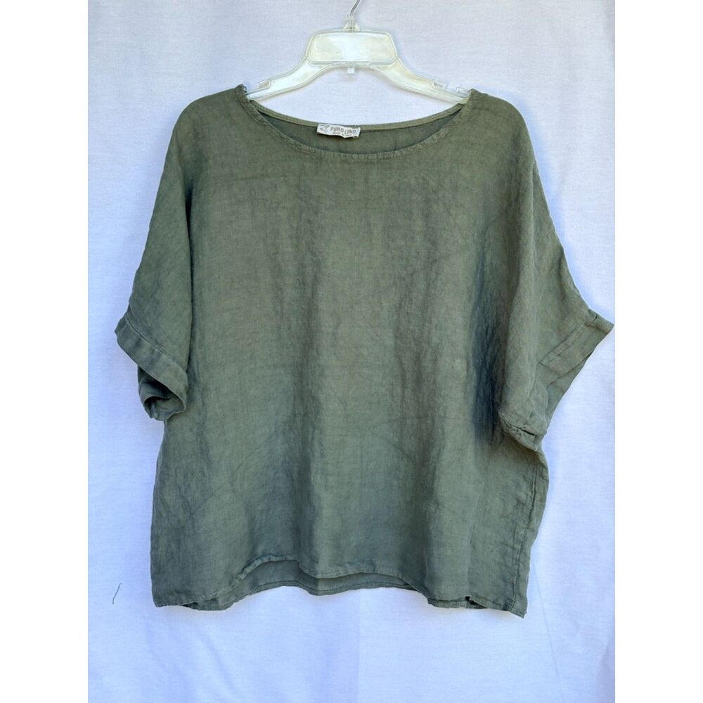 Puro Lino Made in Italy Olive Green Linen Boxy Short Sleeve Blouse Top